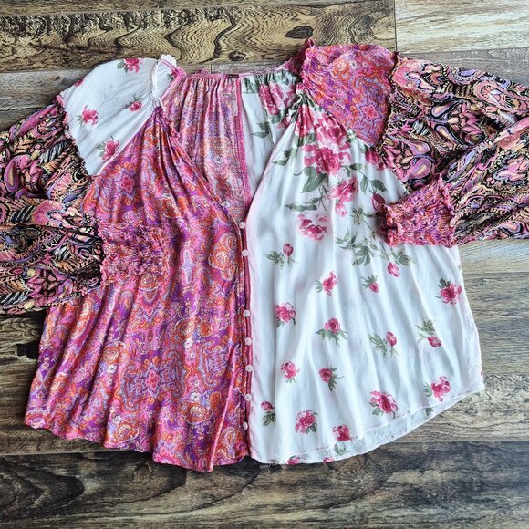 Free People Gemini Floral Paisley Mixed Patchwork Boho Blouse Button Oversize - Picture 9 of 15